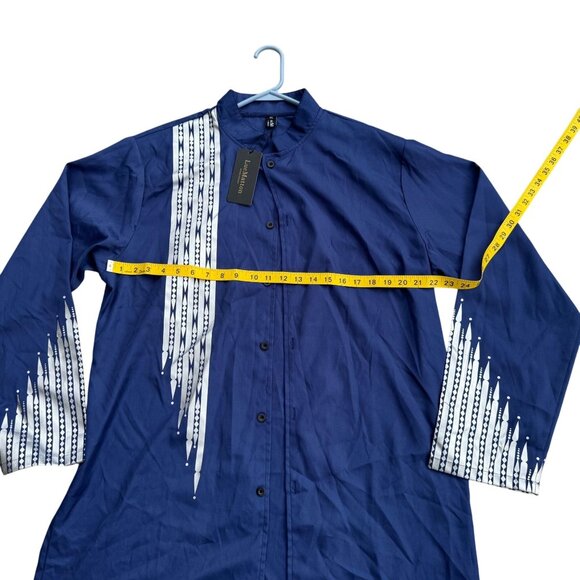 LucMattan Mens Button-Down Shirt Navy Blue XL Cotton Long Sleeve Printed New Wit - Picture 6 of 11